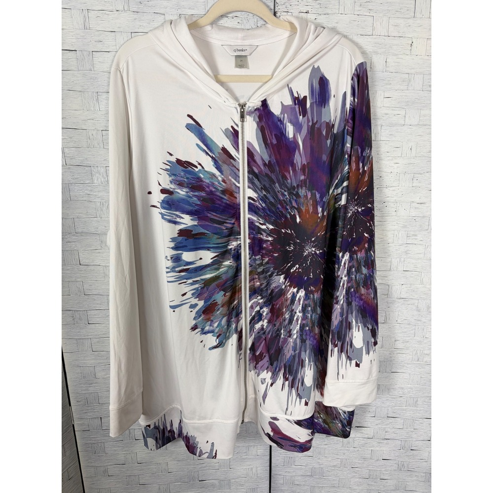 Christopher & Banks White Zip-Front Hoodie with Purple Floral Burst